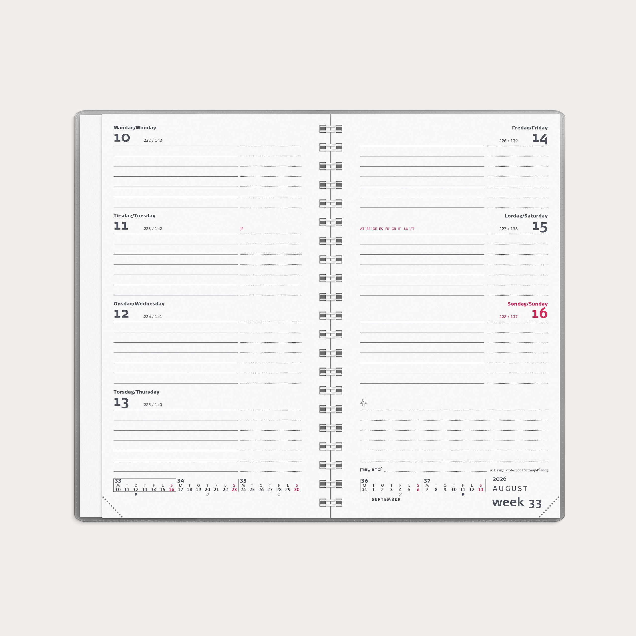 Week Planner International tværformat sølv vinyl 2026