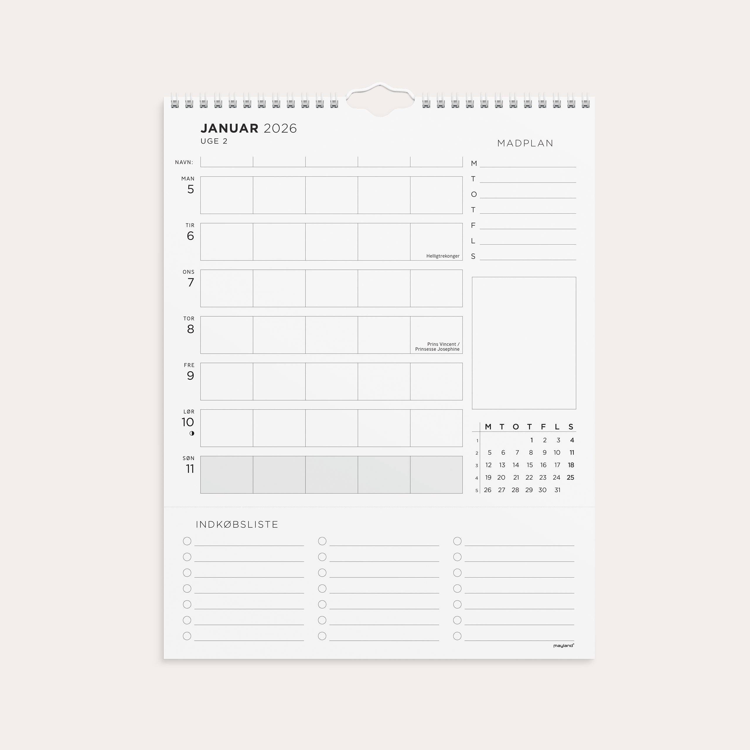 Familiekalender Ugeplan m. lister 2026