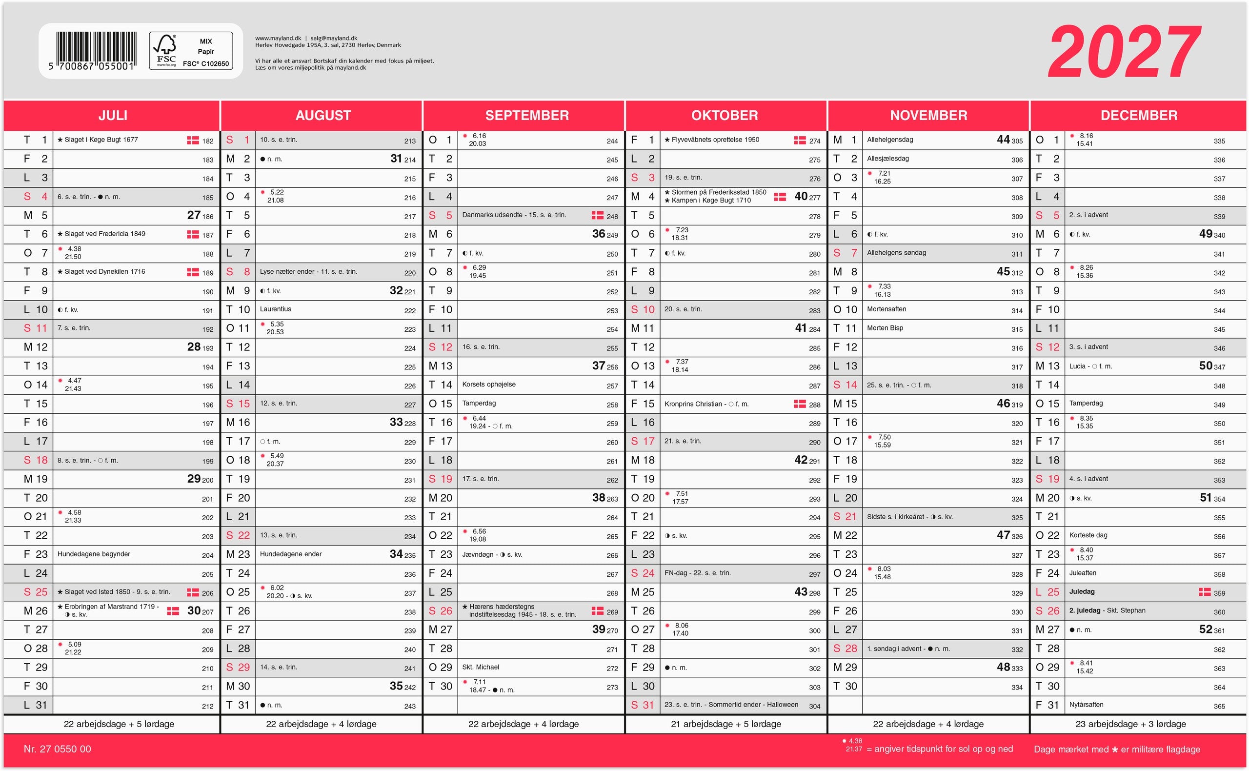 Kontorkalender Stor m/flagdage 2027