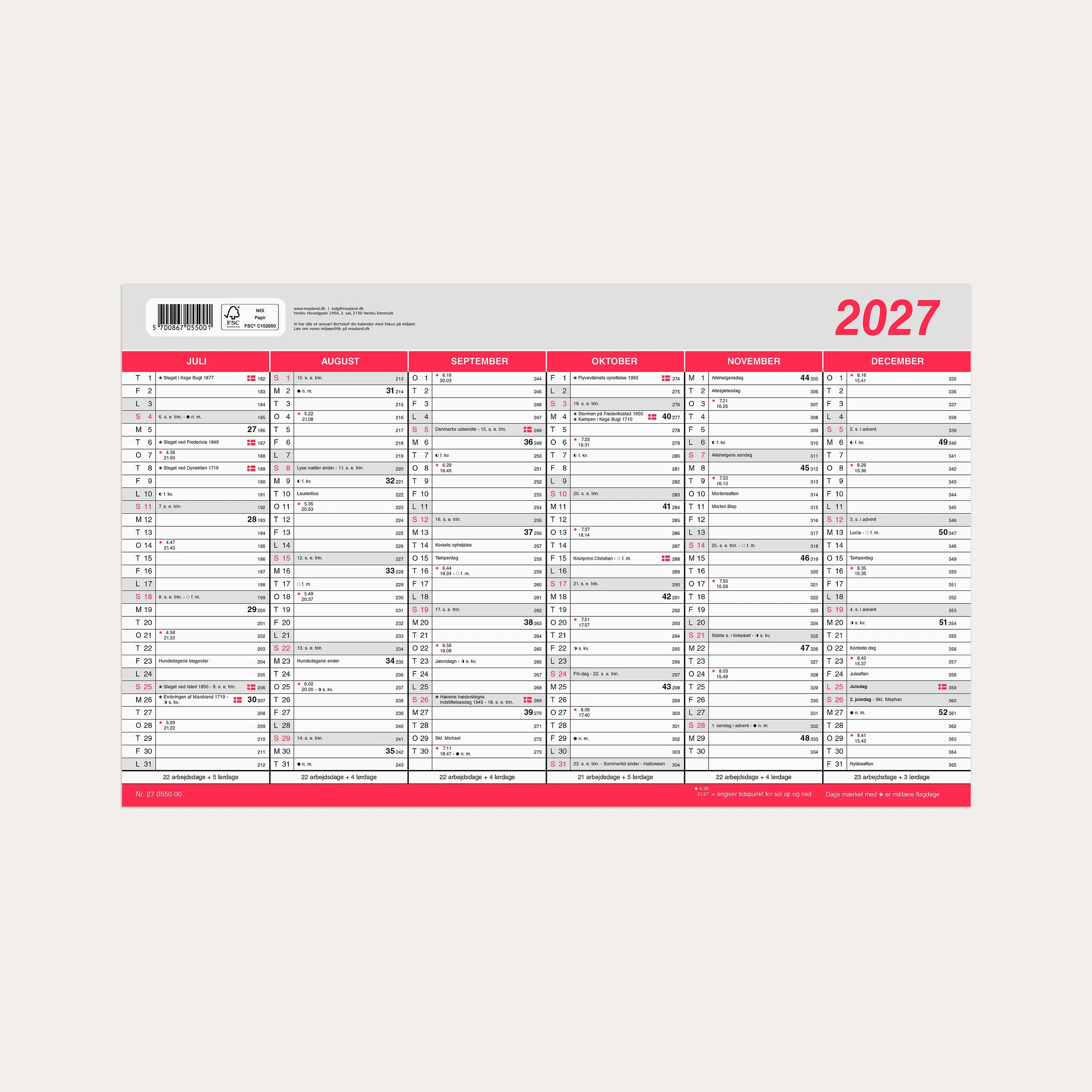 Kontorkalender Stor m/flagdage 2027