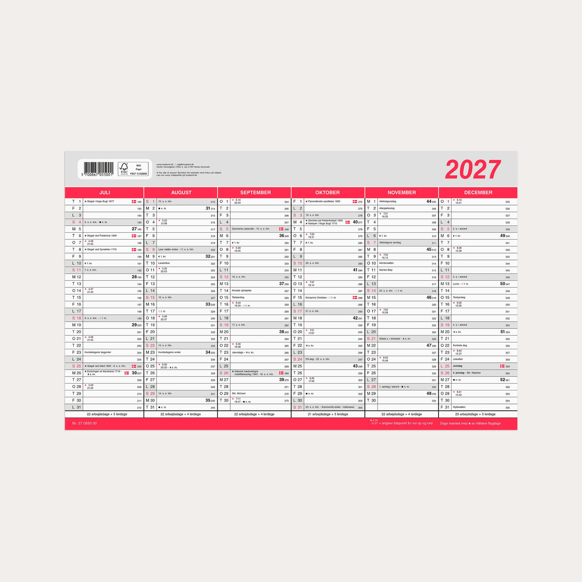 Kontorkalender Stor m/flagdage 2027