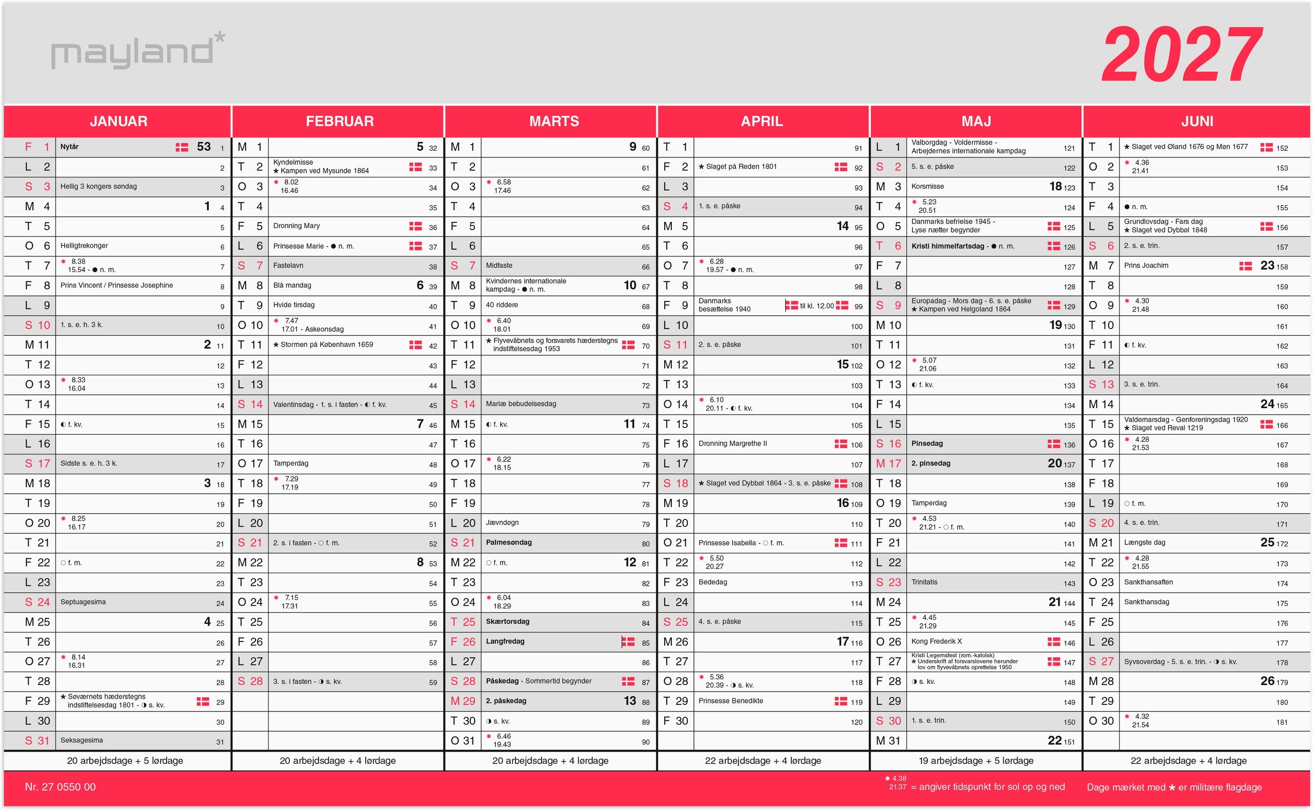 Kontorkalender Stor m/flagdage 2027