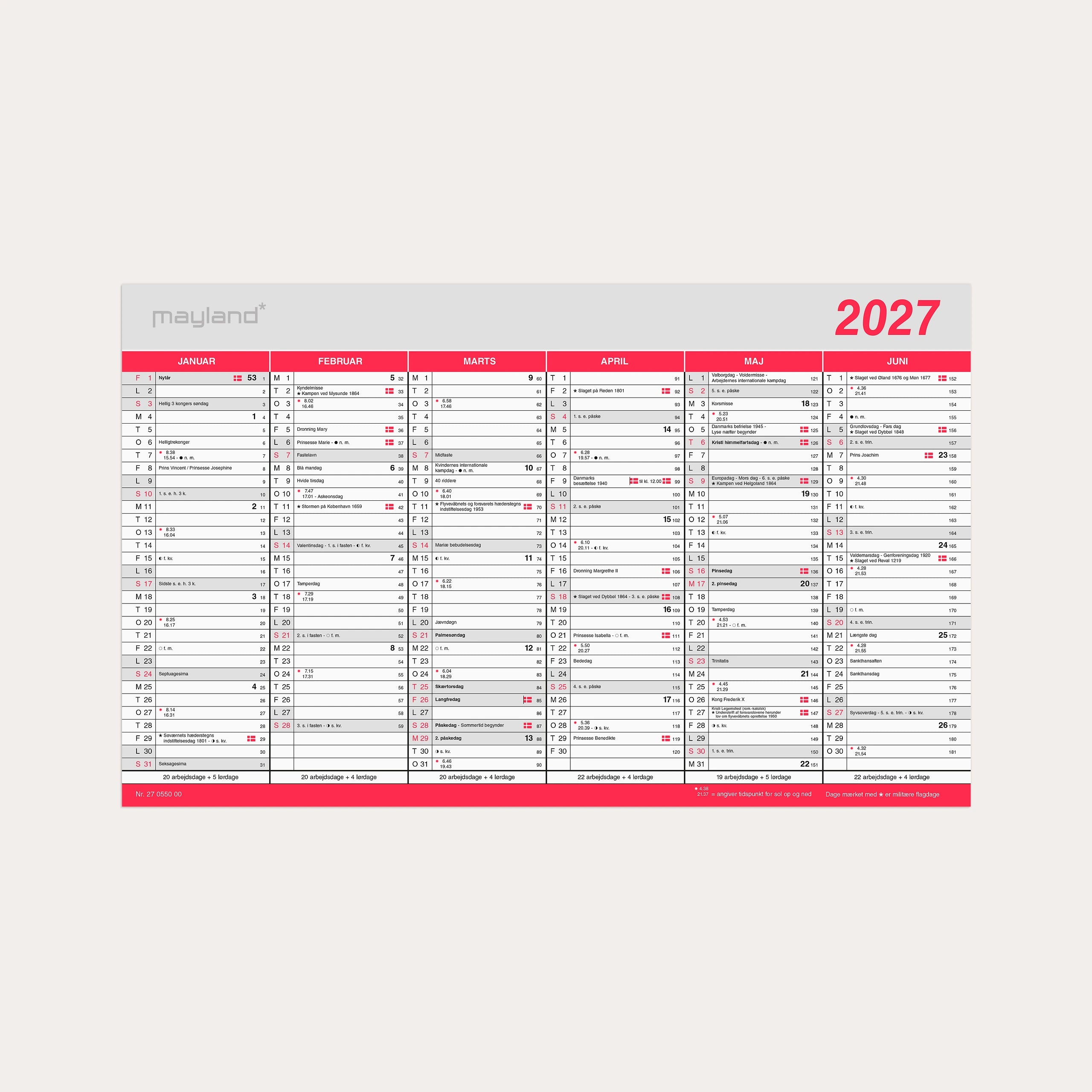 Kontorkalender Stor m/flagdage 2027