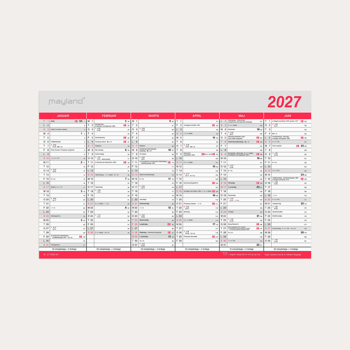 Kontorkalender Stor m/flagdage 2027
