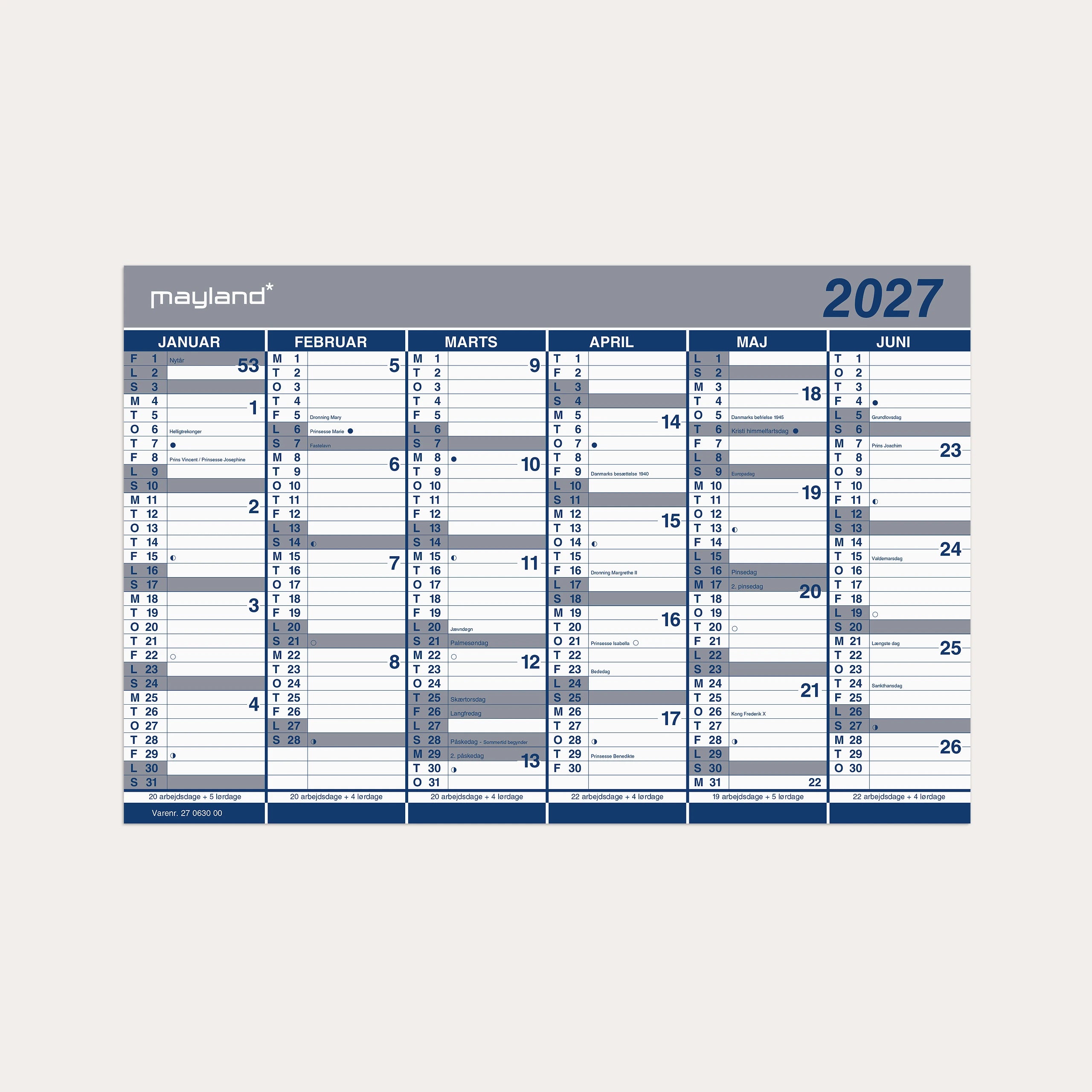 Kontorkalender Dobbelt halvårskalender 2027
