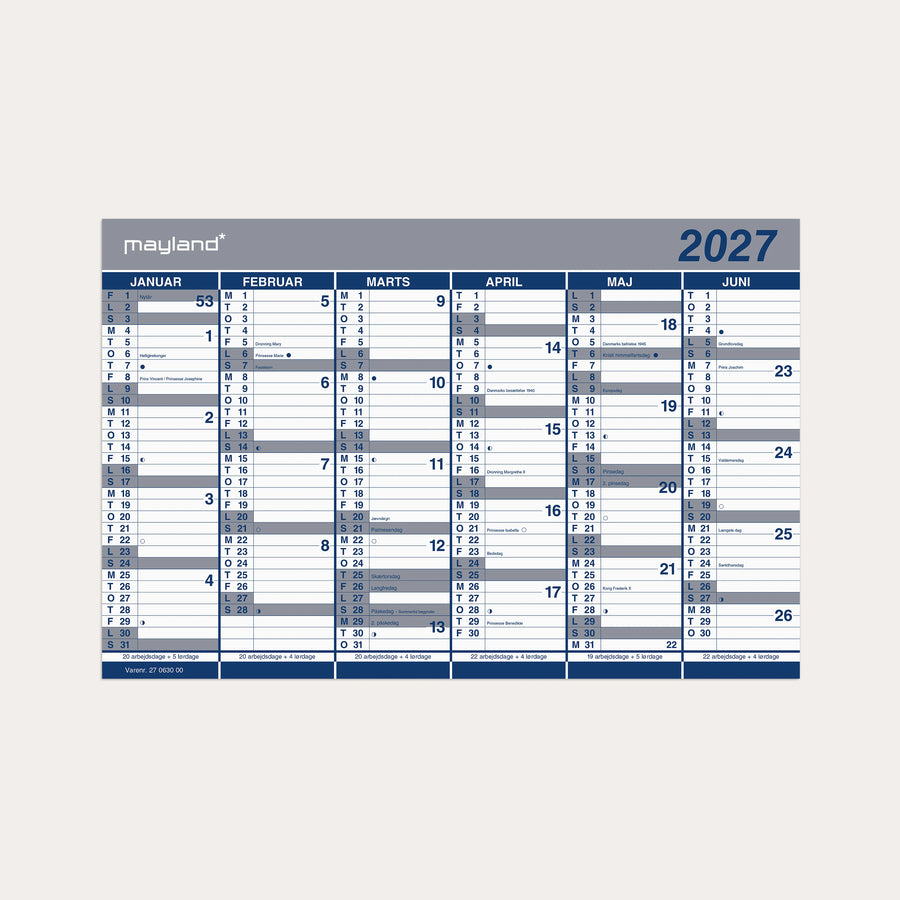 Kontorkalender Dobbelt halvårskalender 2027