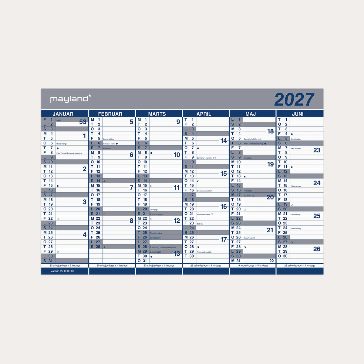 Kontorkalender Dobbelt halvårskalender 2027