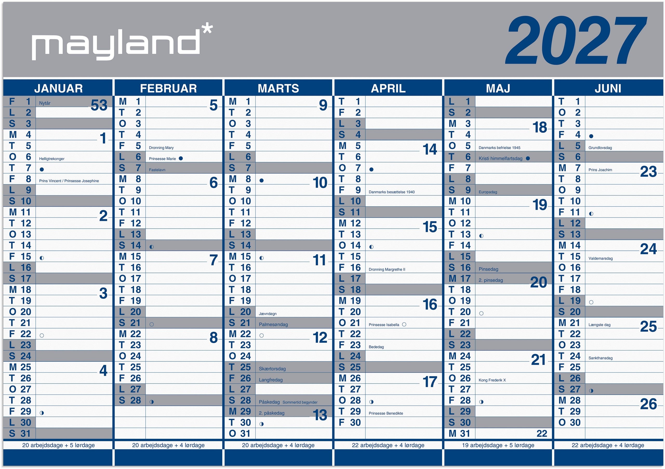 Kæmpekalender 2x6 mdr. papir 2027 (i plastpose)