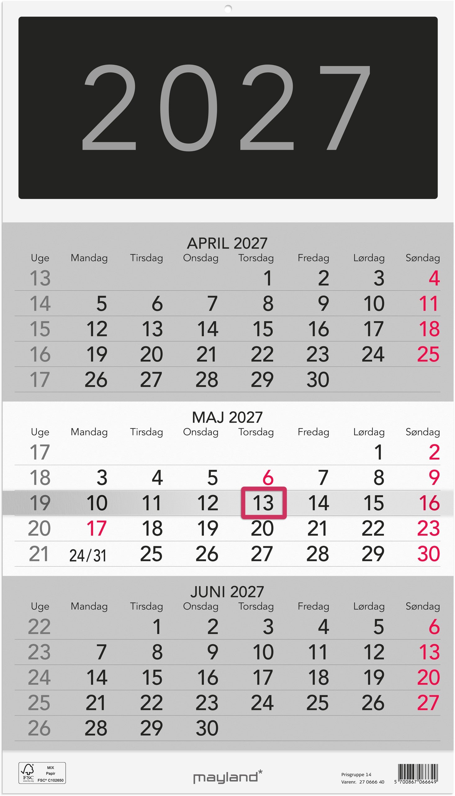 Vægkalender Triplanner 2027