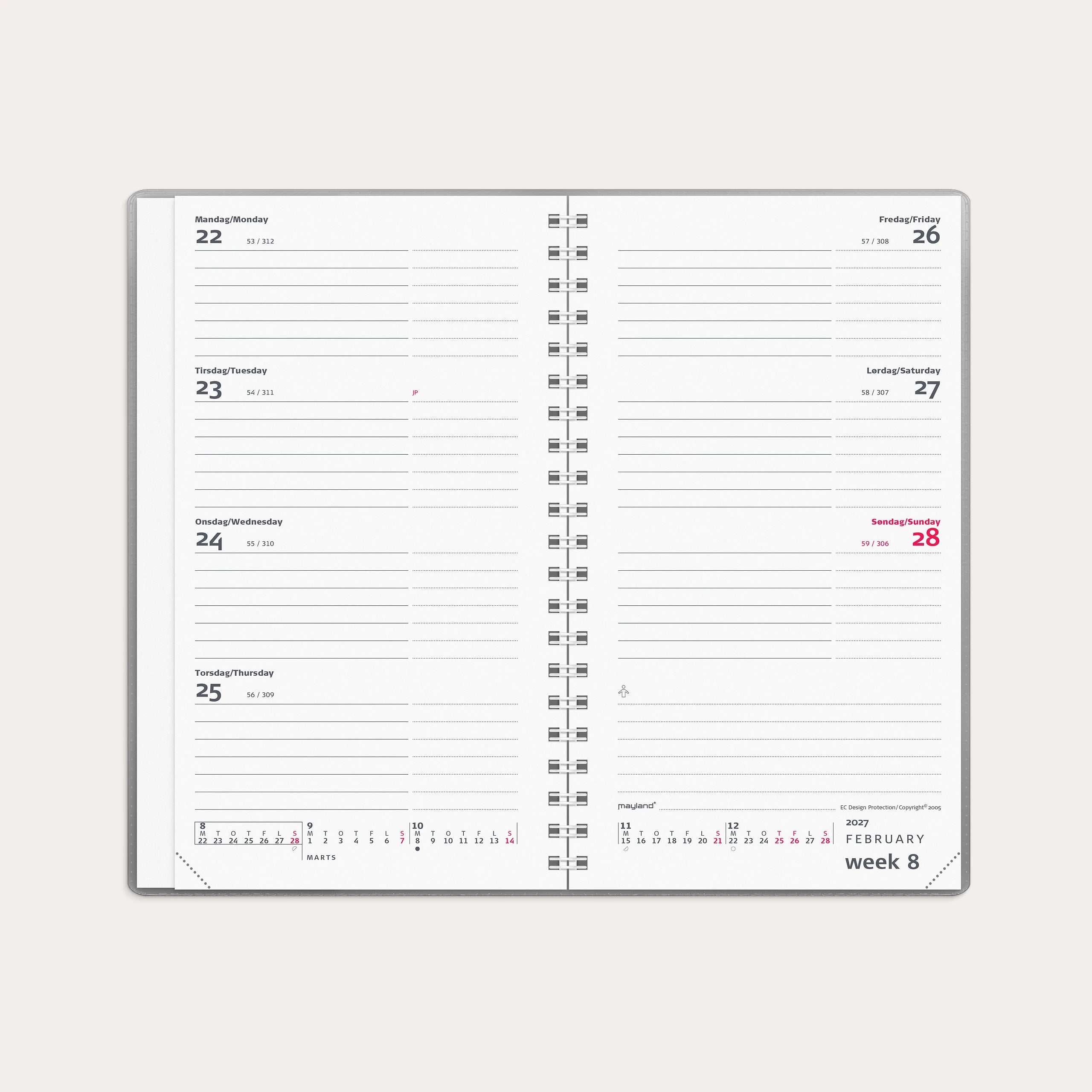 Week Planner International tværformat sølv vinyl 2027