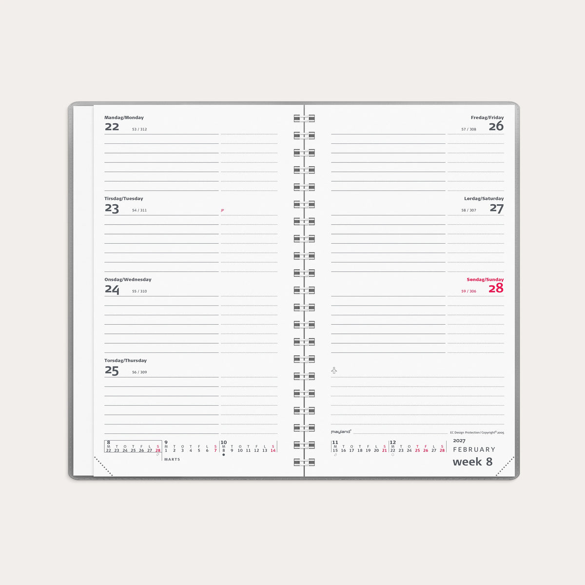 Week Planner International tværformat sølv vinyl 2027