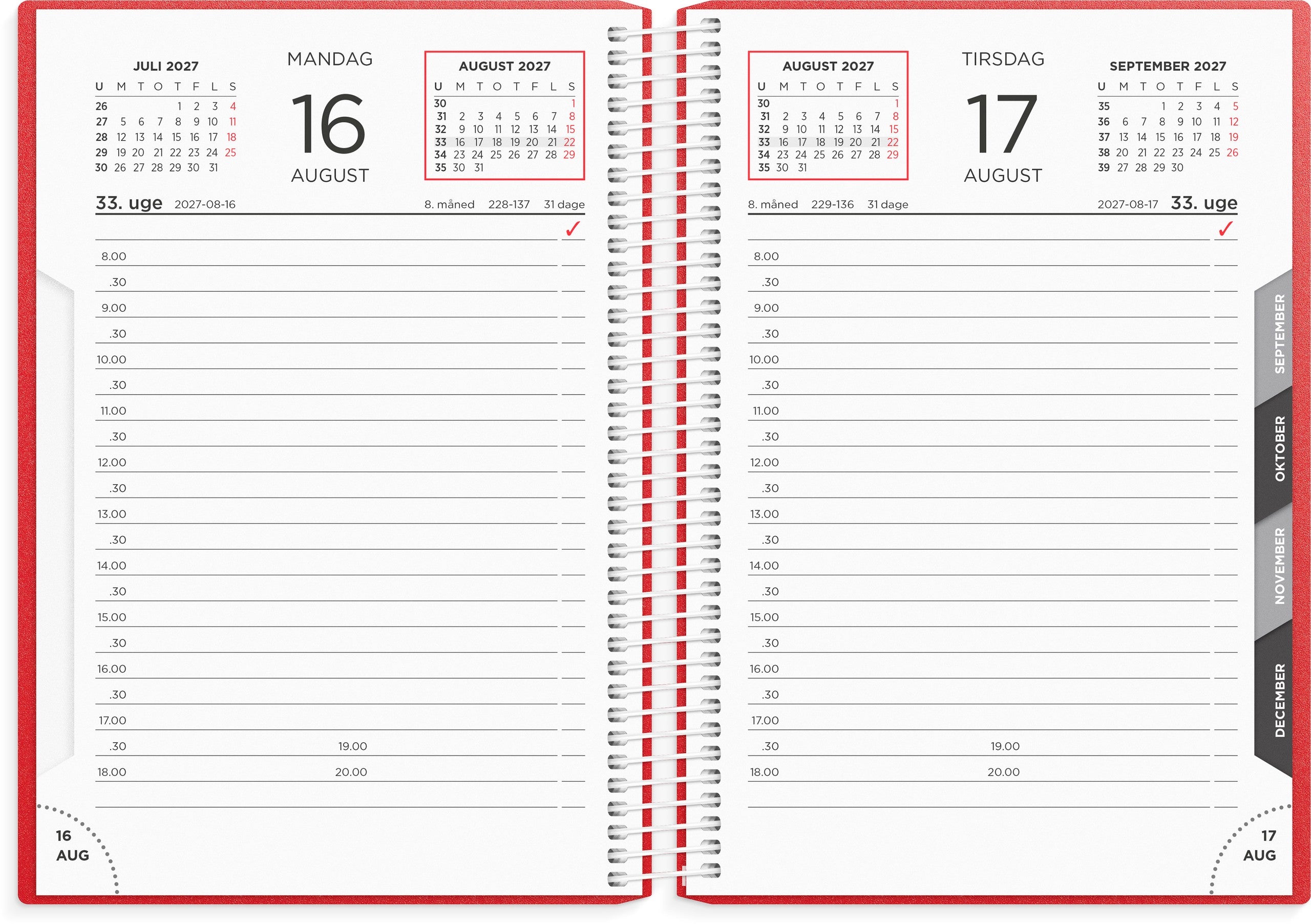 Dagkalender rød PP-plast 2027