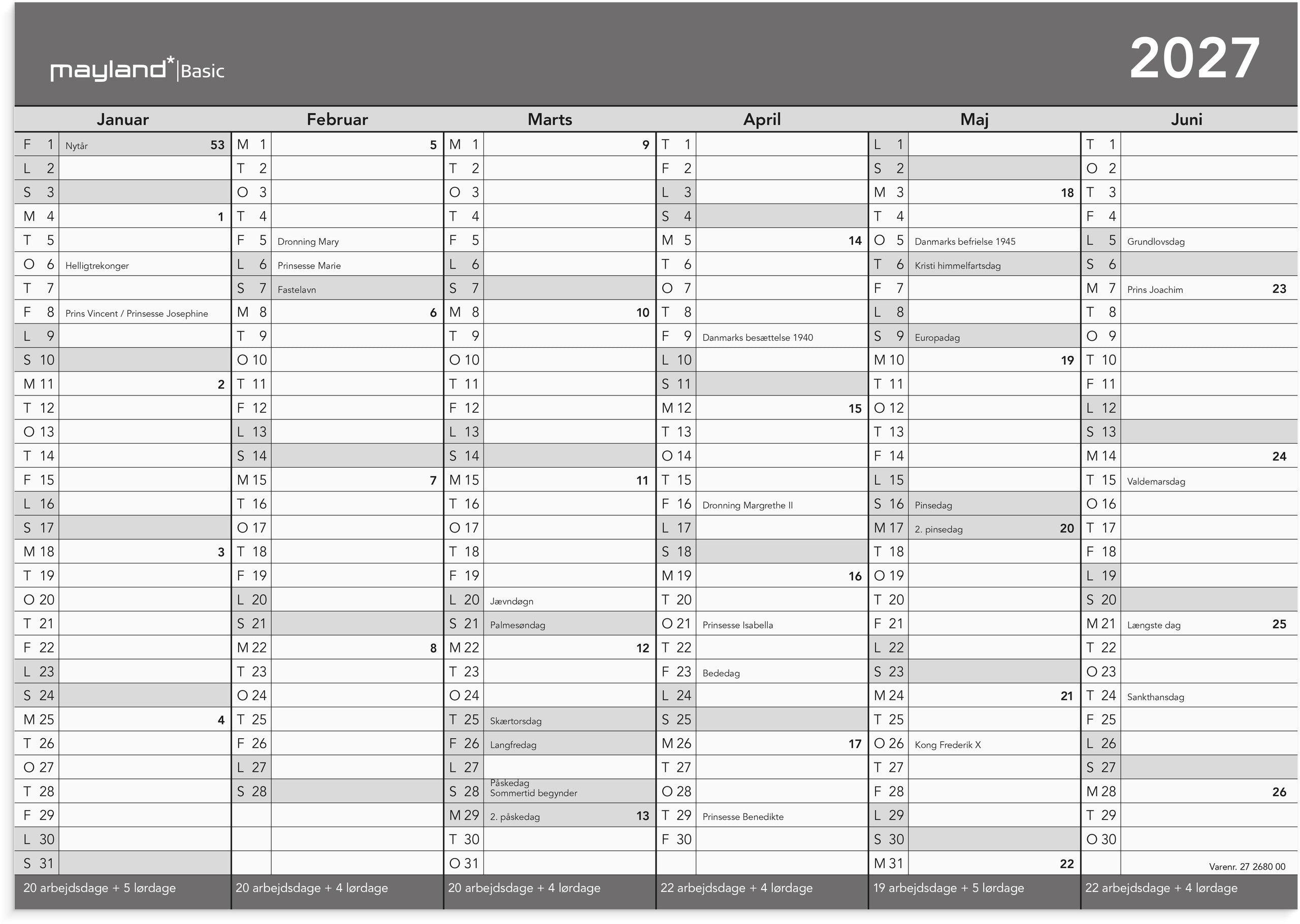 Basic kontorkalender A4 2027