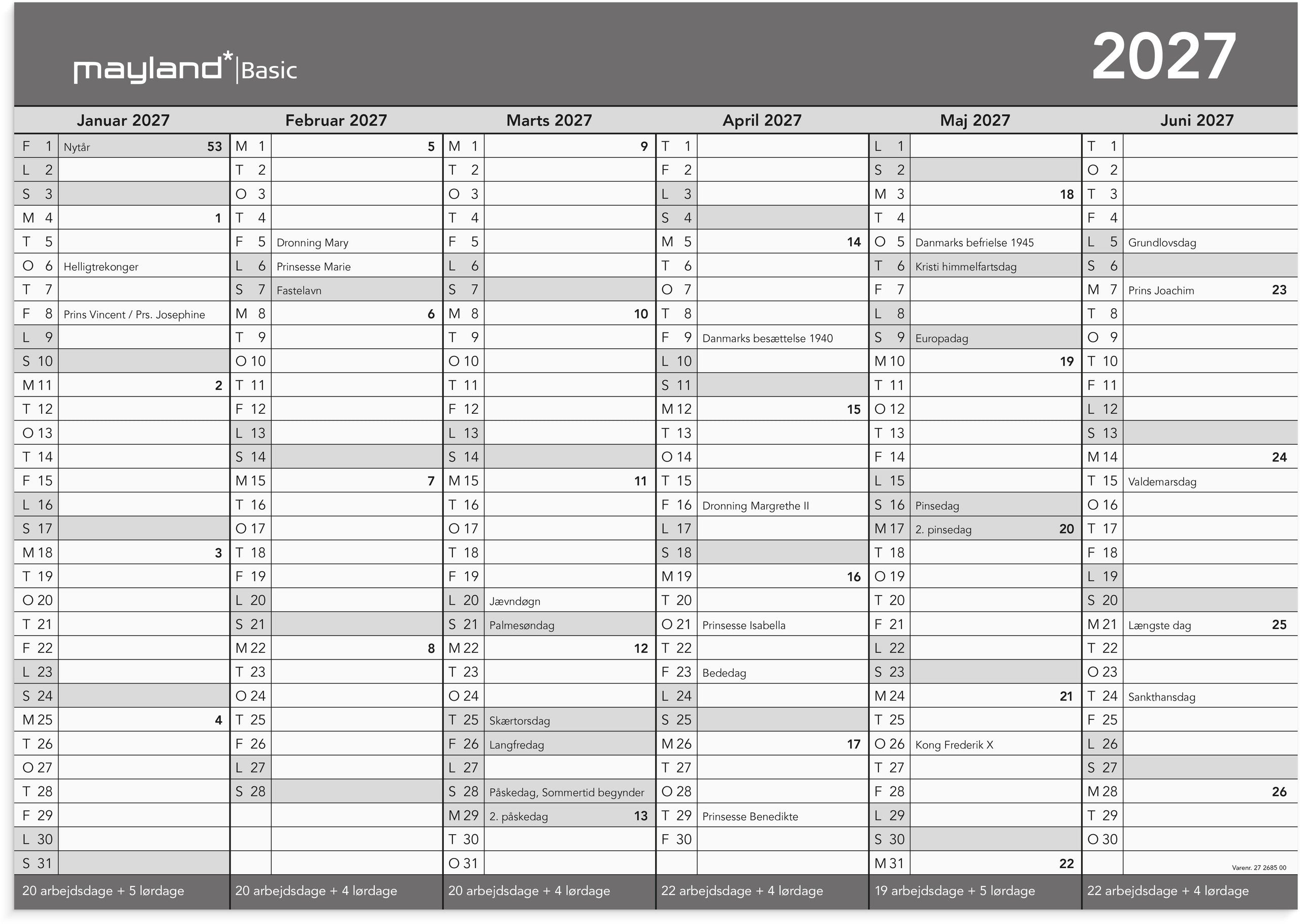 Basic kontorkalender A3 2027