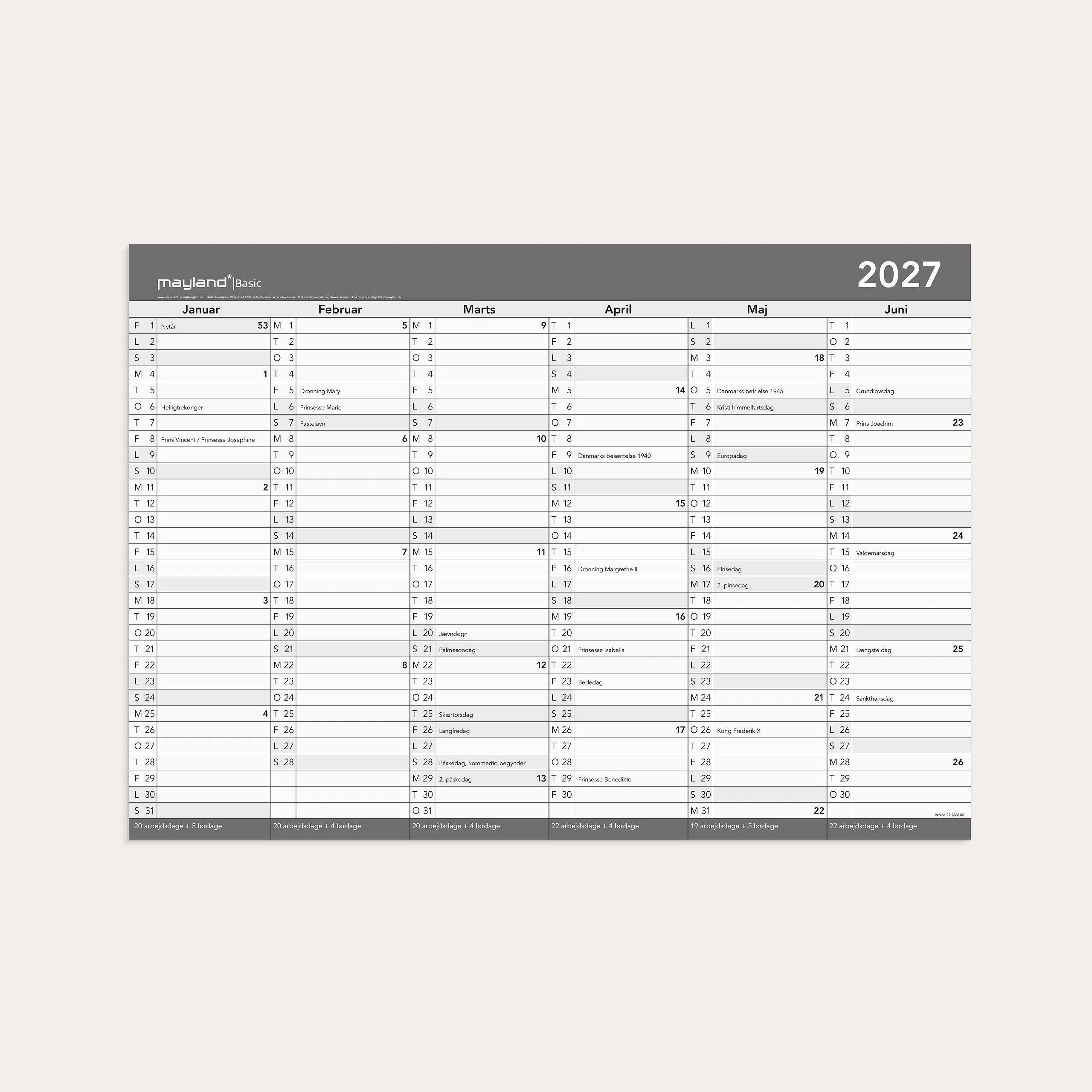 Basic kontorkalender m/whiteboard-funktion A2 2027