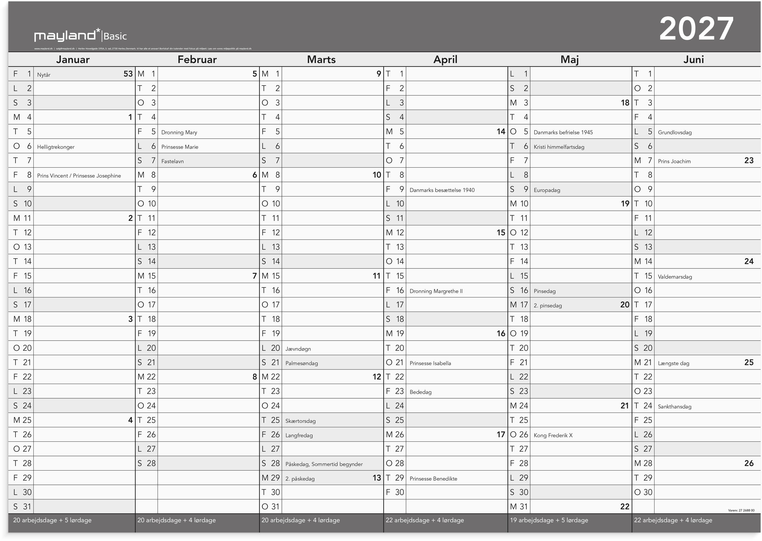 Basic kontorkalender m/whiteboard-funktion A2 2027