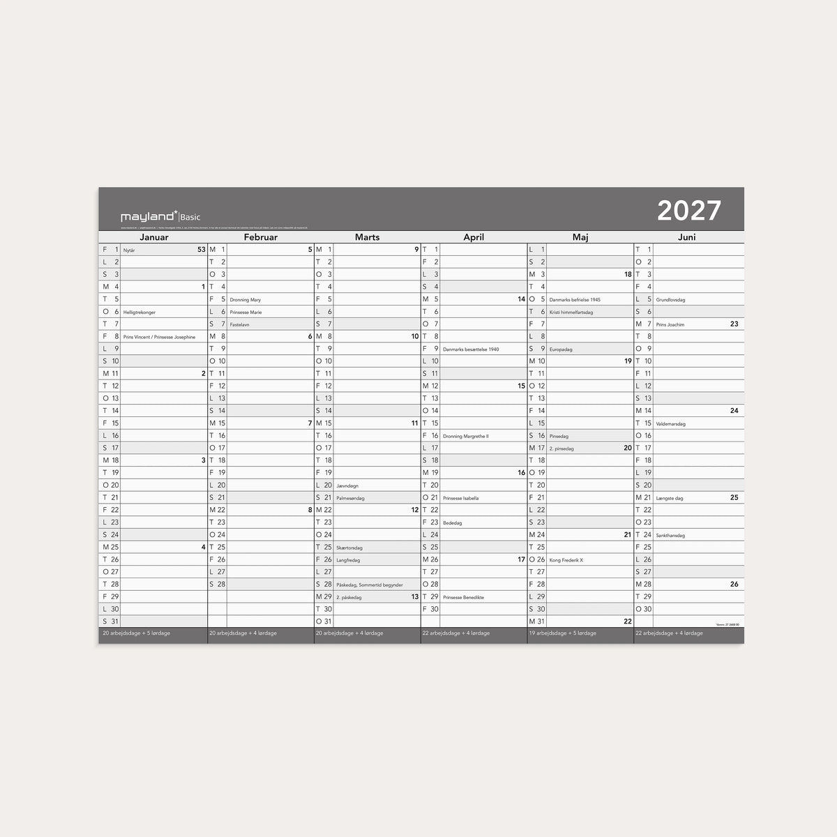Basic kontorkalender m/whiteboard-funktion A2 2027