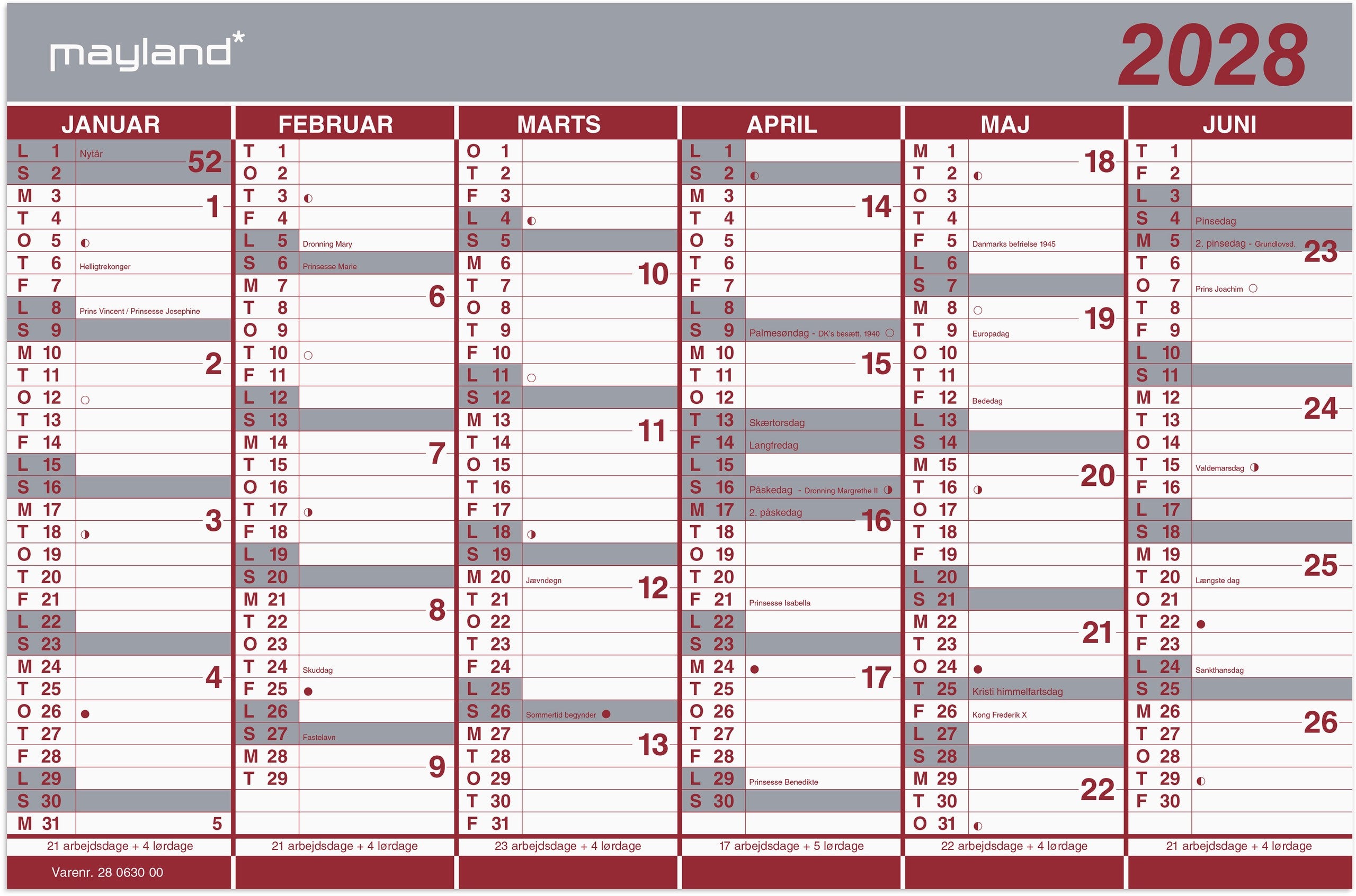 Kontorkalender Dobbelt halvårskalender 2028