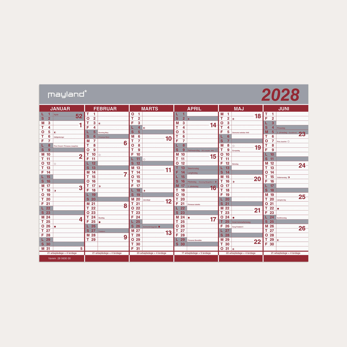 Kontorkalender Dobbelt halvårskalender 2028