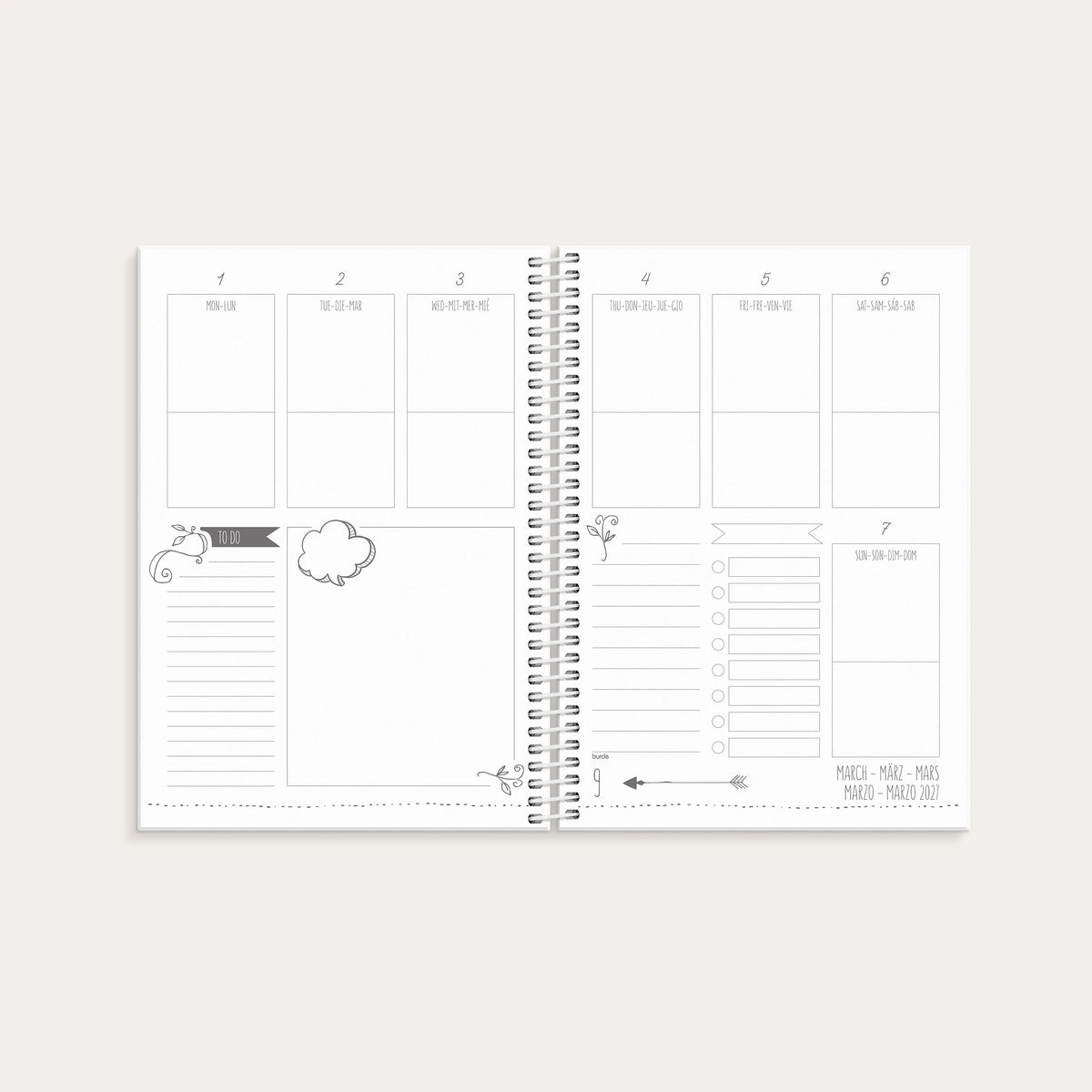Veckouppslag i Diary Doodle med dagsrutor, att göra-lista och plats för anteckningar