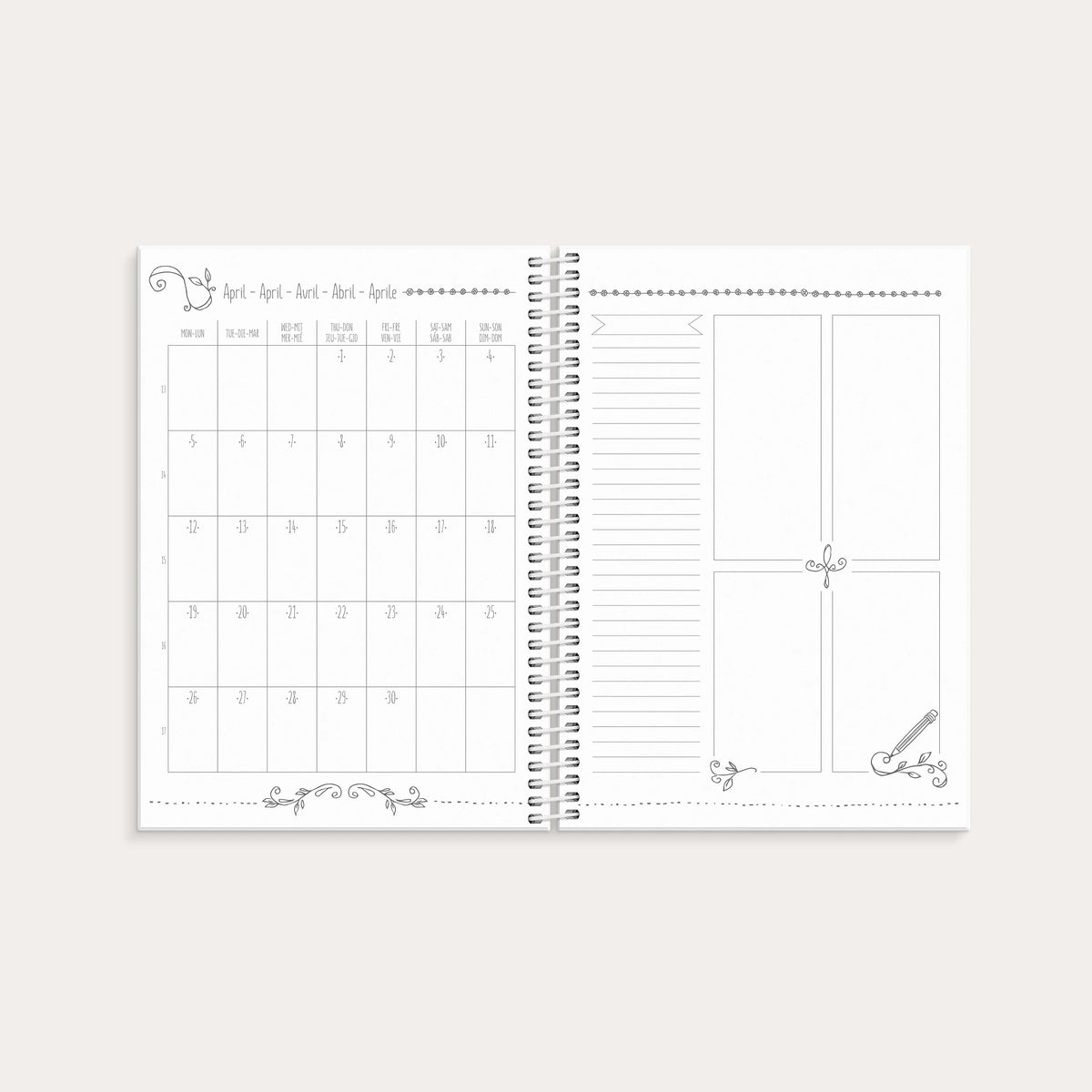 Månadsuppslag i Diary Doodle med kalenderrutor och anteckningsfält