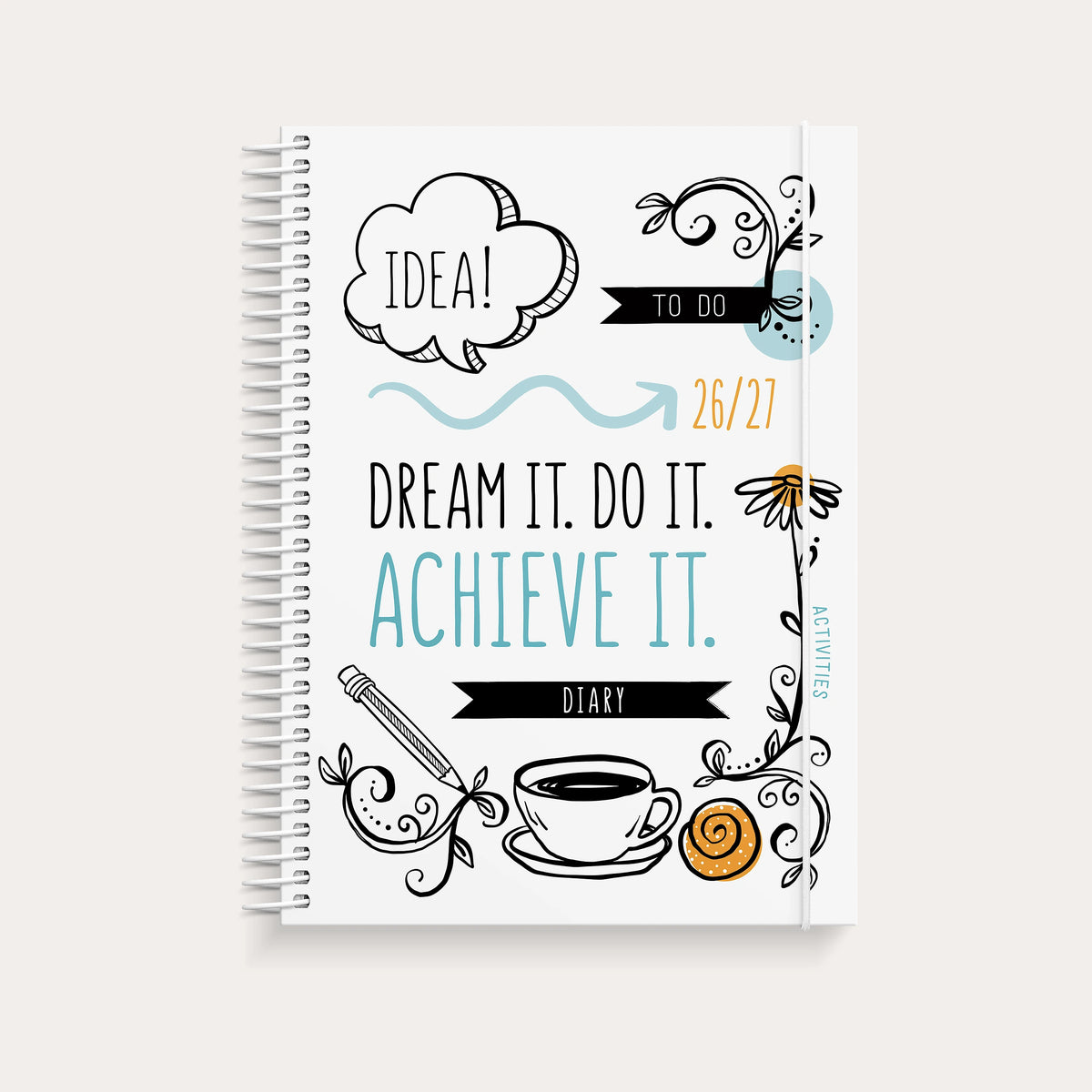 Diary Doodle A5 26/27 med svartvita handritade doodles och texten Dream it. Do it. Achieve it.