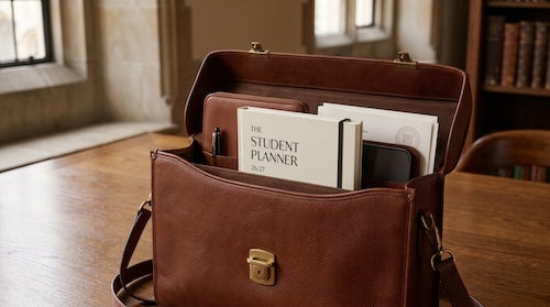 Brown leather bag with a student planner and books on a wooden table.